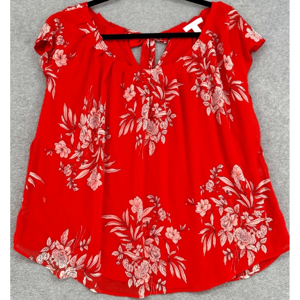 Red‎ Floral Blouse Petite XL Tie Neck Cap Sleeve Lightweight Summer Top